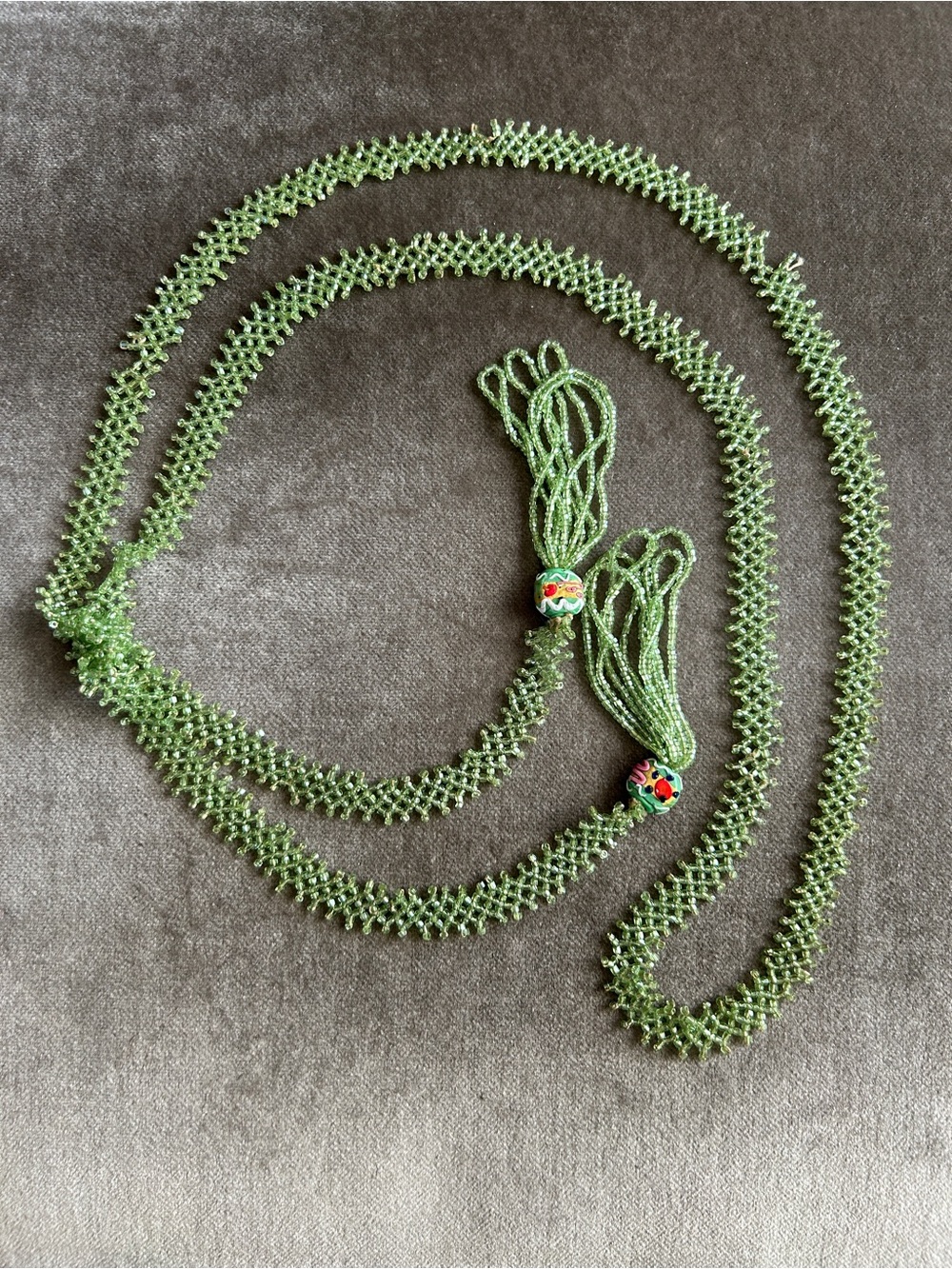 Handmade Green Seed woven Bead Lariat Necklace with Floral Bead Accents